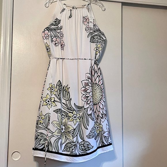 NWT LOFT Sleeveless Halter Dress Lined Oversized White Pastel Floral Pockets XS - Picture 1 of 11